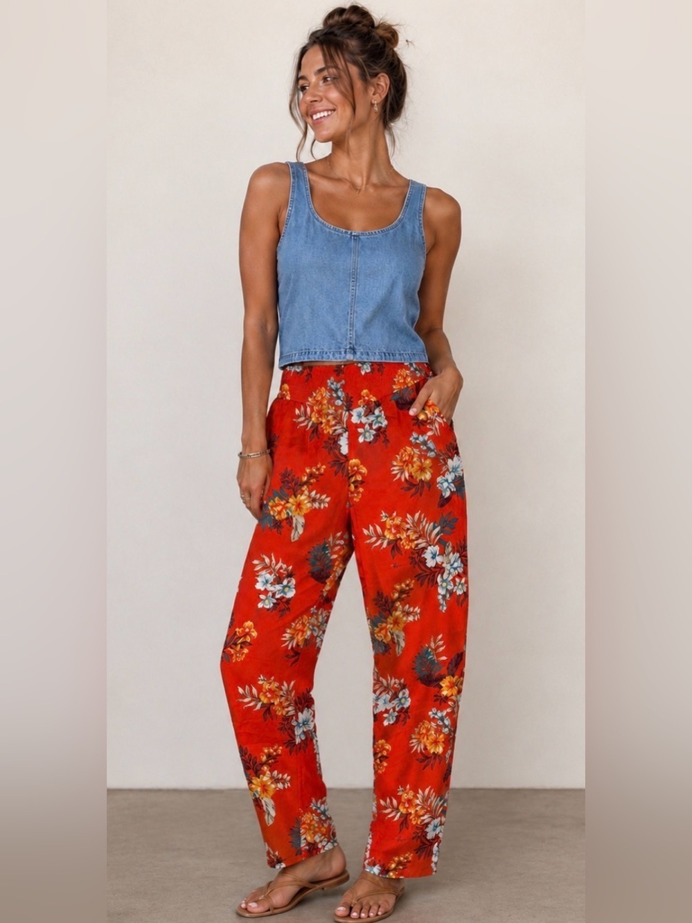 Bar III Women’s Hawaiian pants, bright red with flowers. Size XL.